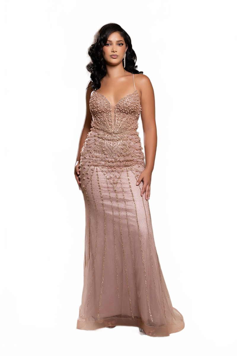 Embellished Mermaid Gown with Deep V-Neck & Lace-Up Back by Royal Queen RQ8212
