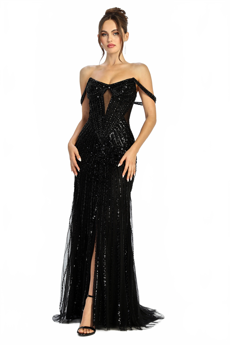 Adora Design 3271 Long Fitted Off Shoulder Sequin Formal Dress