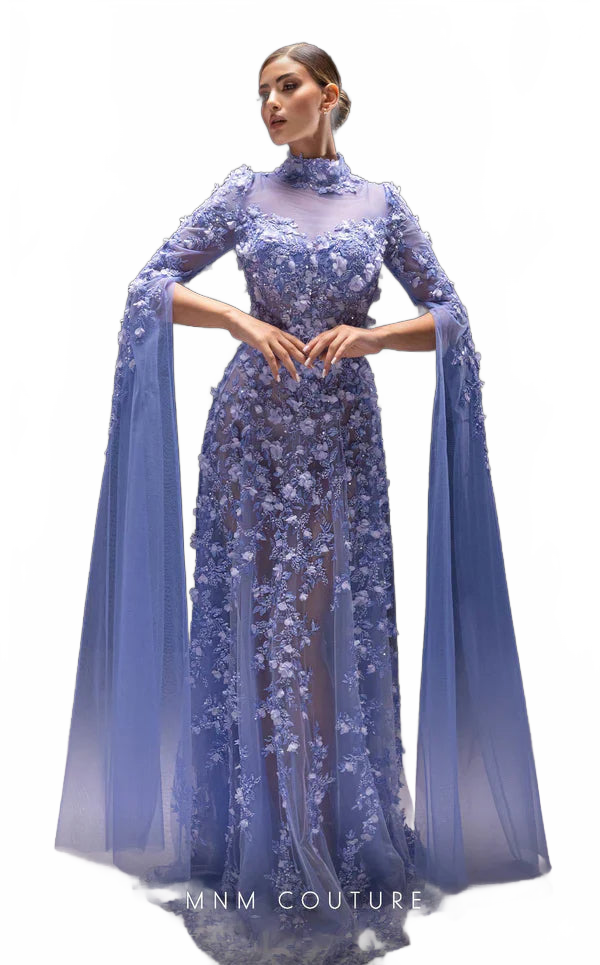 MNM Couture K4236 Blue High-Neck Long Sleeve Gown