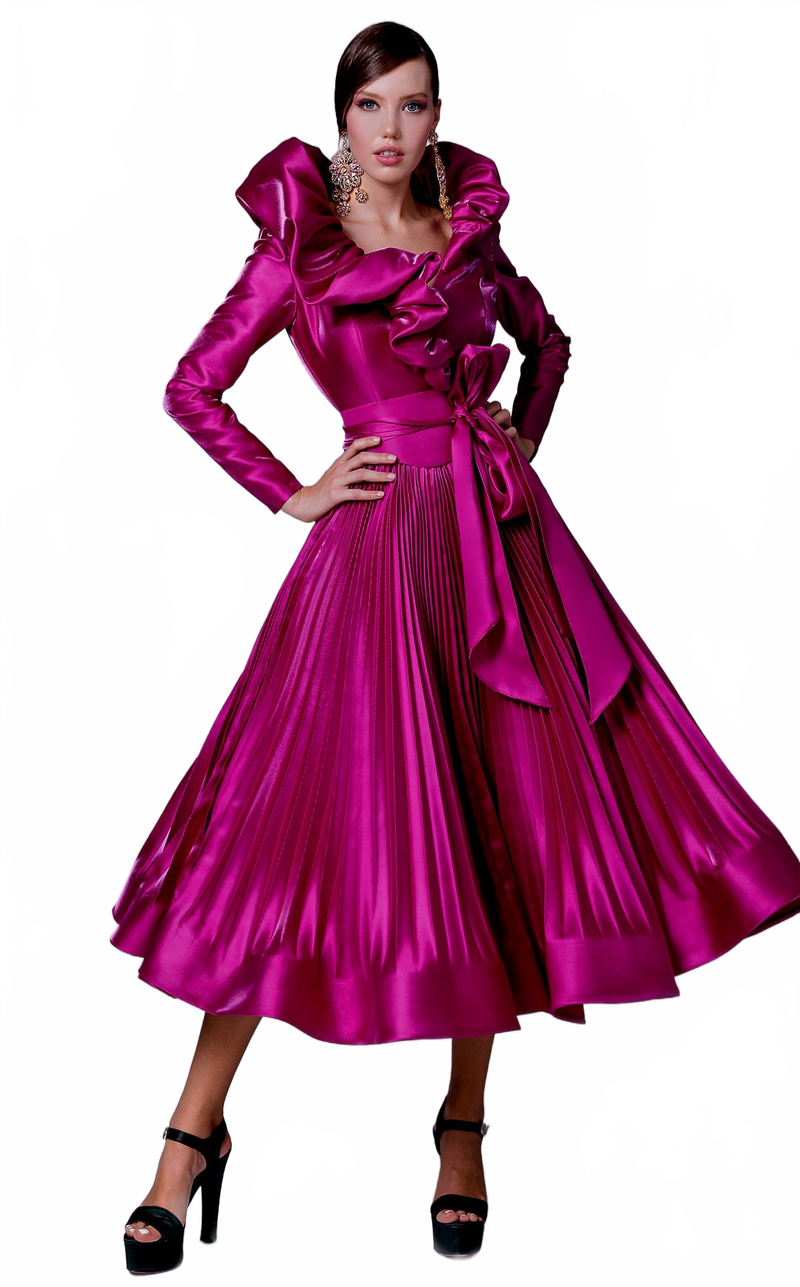 Fouad Sarkis 2696 Blue Ruffled Collar Satin Tea-Length Gown