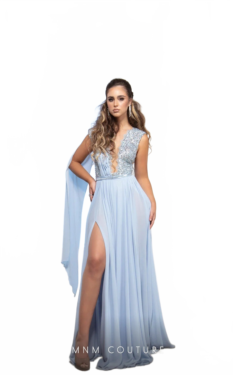 MNM Couture M0085 Silver Beaded V-Neck Chiffon Cape Gown
