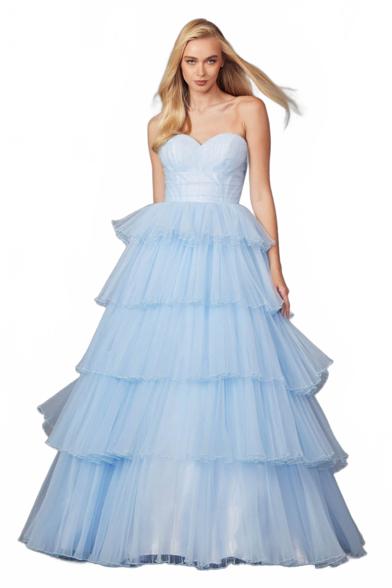 Strapless Tiered Ruffled A-Line Gown by Juliet JT2452K