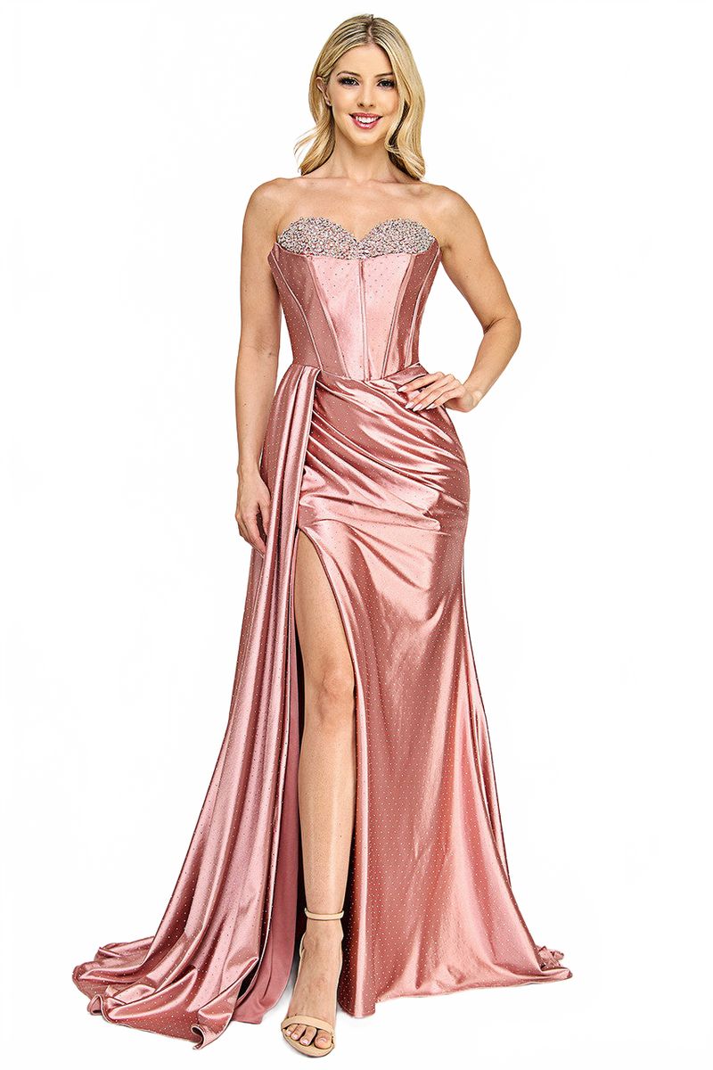 Strapless Corset Gown with Crystal Sweetheart Neckline and High Slit By Lenovia 8402