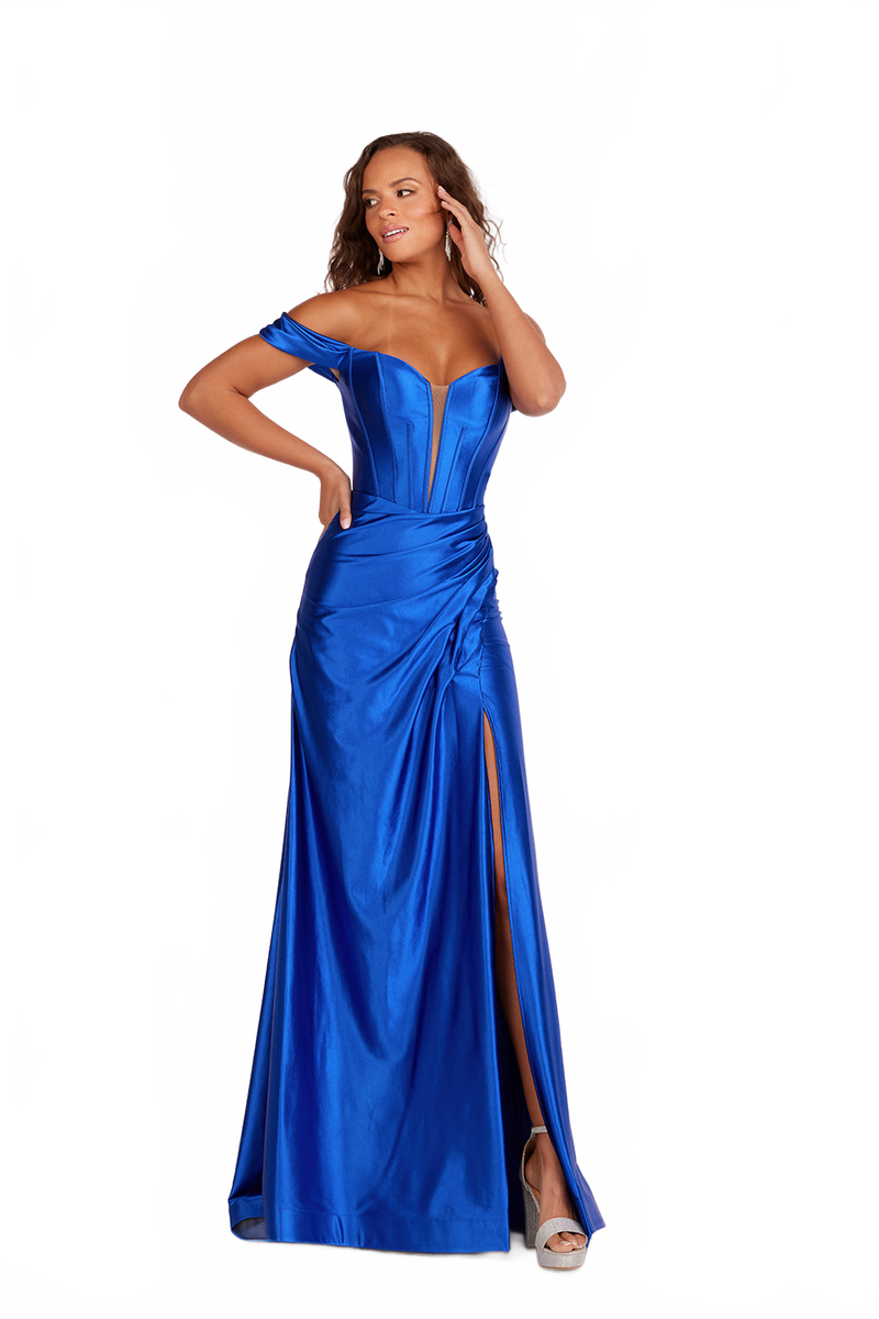 Abby Paris 90216 Satin Off Shoulder Corset Slit Gown by Lucci Lu