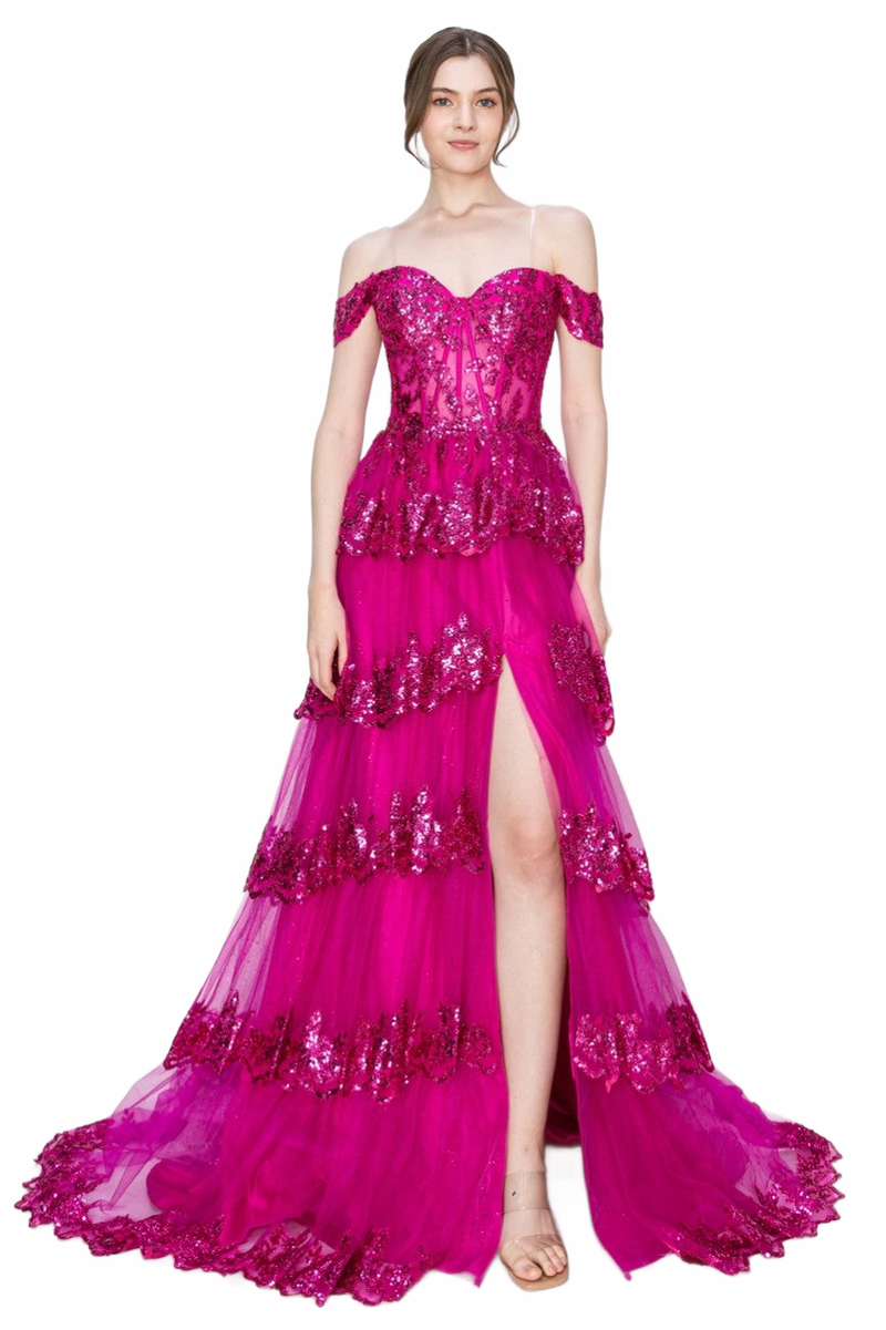 High Couture MJ1020 Long Ball Gown Formal Tiered Prom Dress