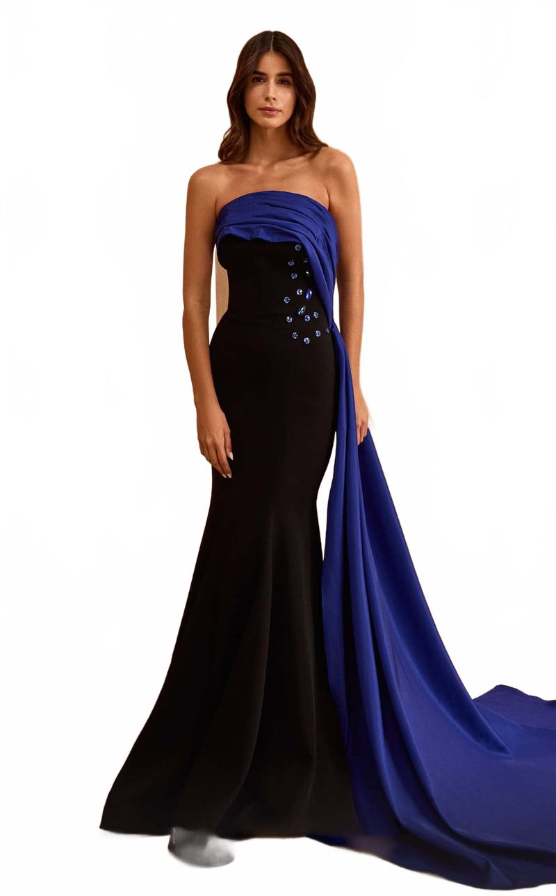 MNM Couture V07378 Strapless Black/Fuchsia Gown with Dramatic Overlay
