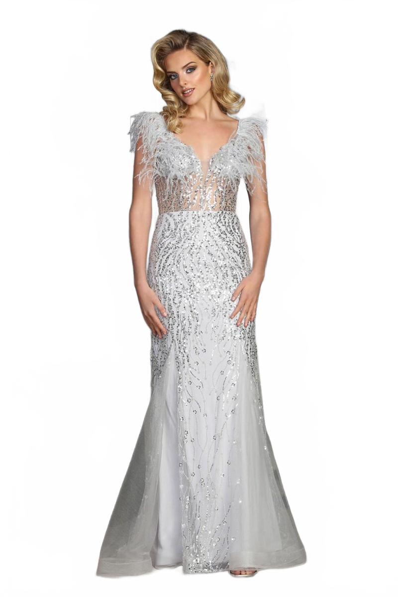 V-Neck Corset Bodice Feather Evening Long Dress