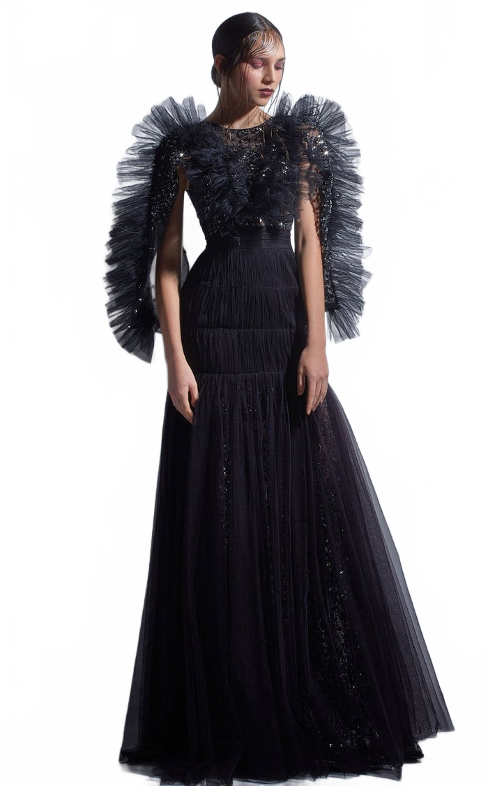 Gaby Charbachy G1275 High Neck Black Glitter A-Line Gown by MNM Couture