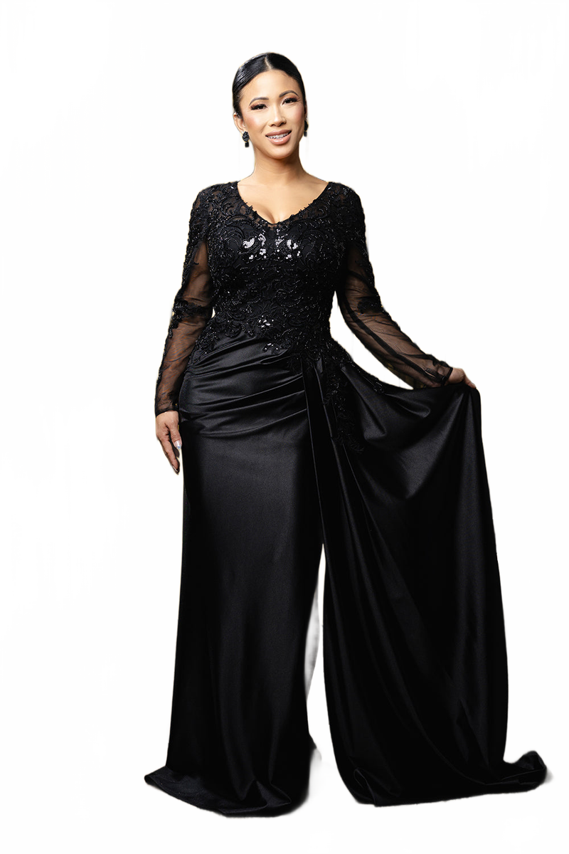 Elegant Lace Mother of the Bride Gown with Long Sleeves & Satin Skirt Dress by May Queen MQ2172