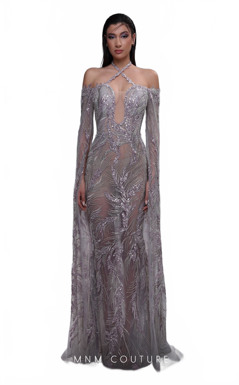 MNM Couture K4090 Grey Plunging Beaded Gown