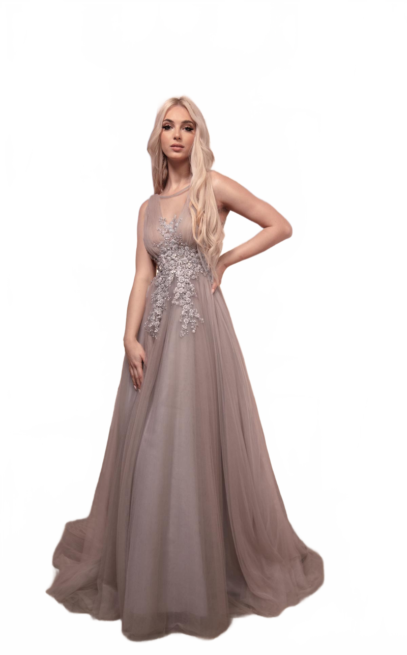MNM Couture M0095 Sleeveless Embroidered Tulle Gown in Dusty Blue