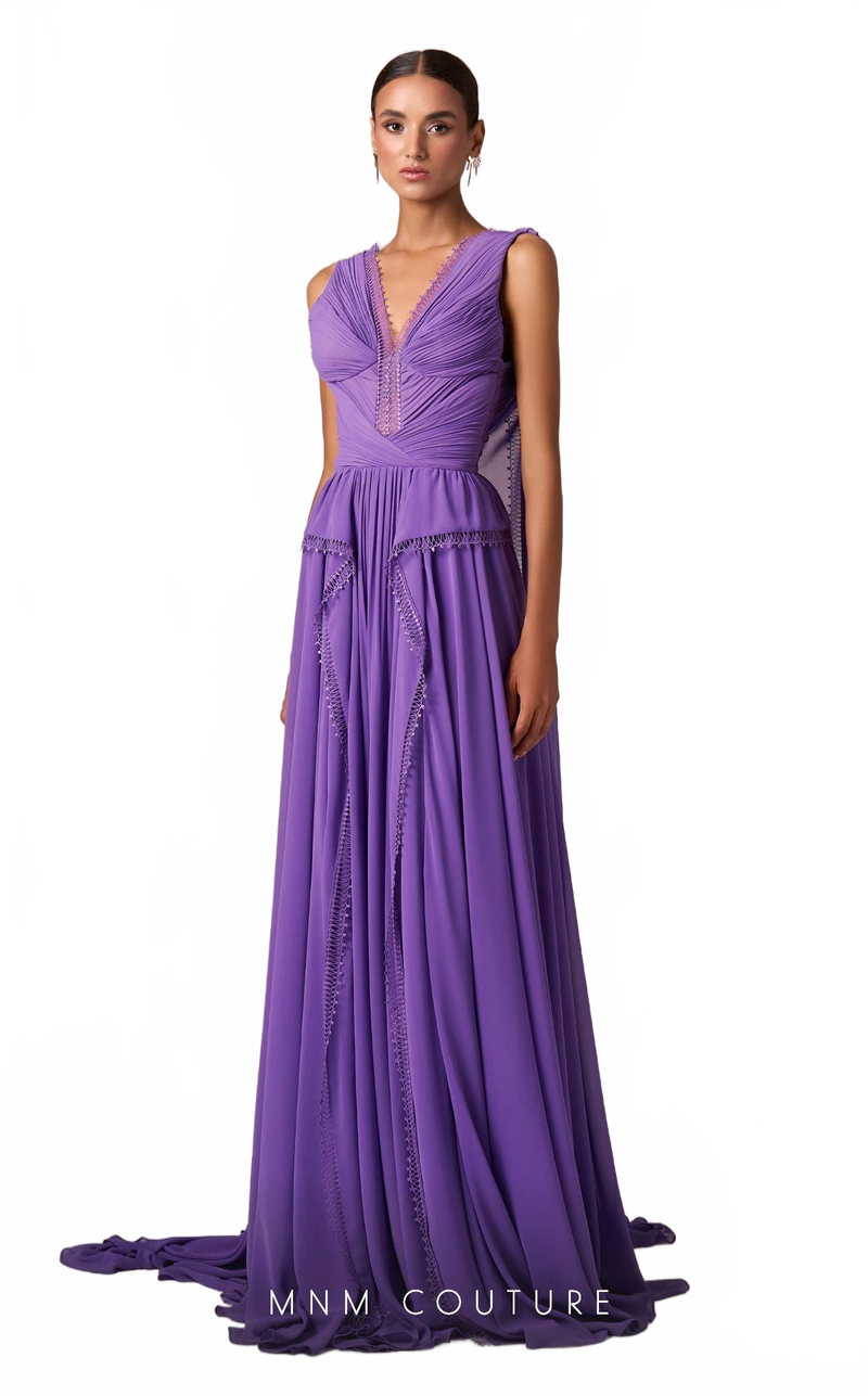 MNM Couture E0086 Purple Gown with V-Neck and Shoulder Trains