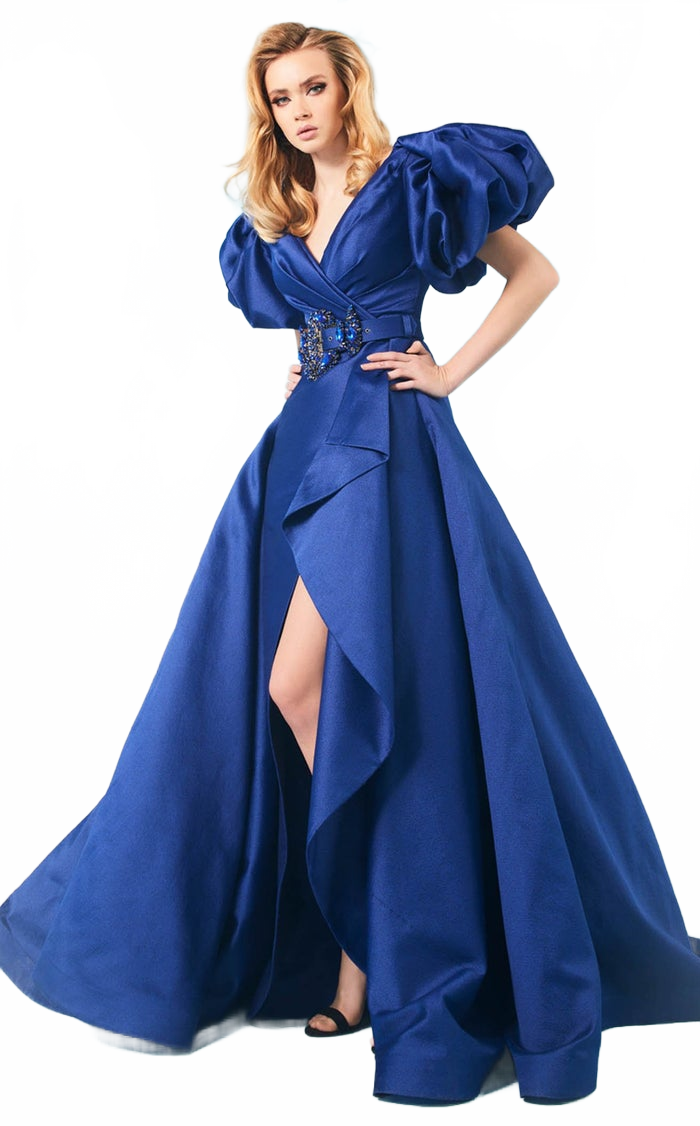 Fouad Sarkis 2616 Puff Sleeve High-Slit Gown in Blue by MNM Couture