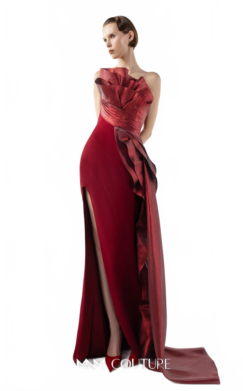 Gaby Charbachy G2037 Burgundy Off-Shoulder Slit Gown by MNM Couture