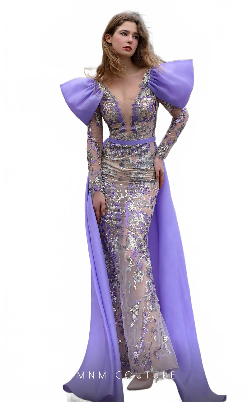 MNM Couture K4075 Purple Sequin Long Sleeve Gown