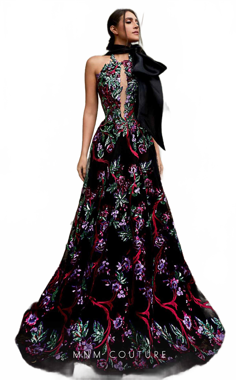 MNM Couture K3951 Black Floral Embroidered Halter Evening Gown