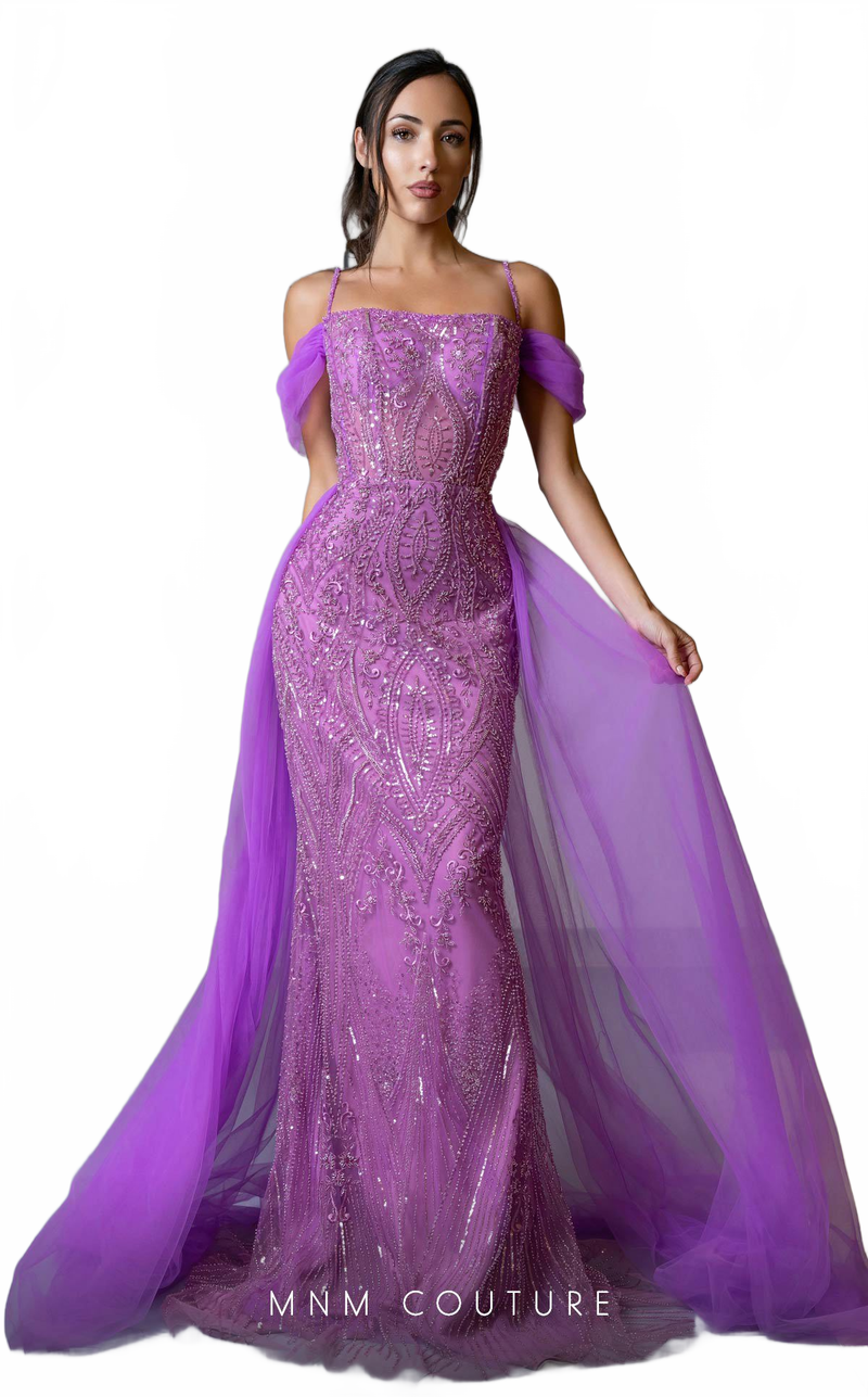 MNM Couture M1047 Embroidered Purple Tulle Gown with Off-Shoulder Sleeves