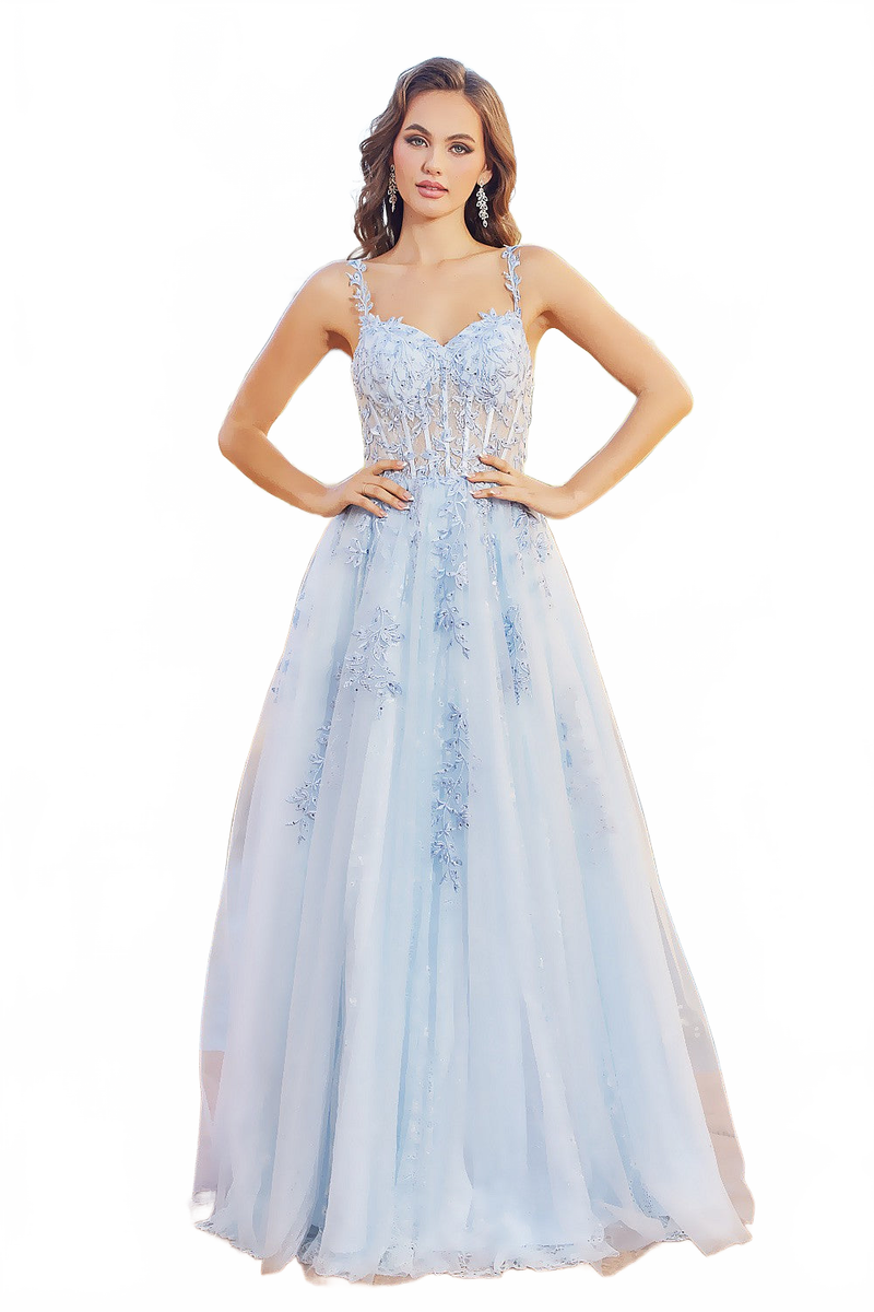 Adora 3087 A-Line Lace Applique Corset Long Formal Prom Dress