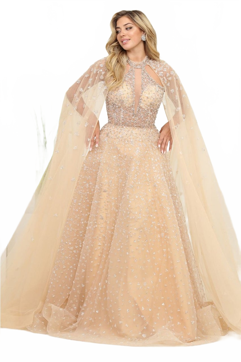 Royal Queen RQ8133 Champagne Beaded Evening Dress with an Elegant Cape