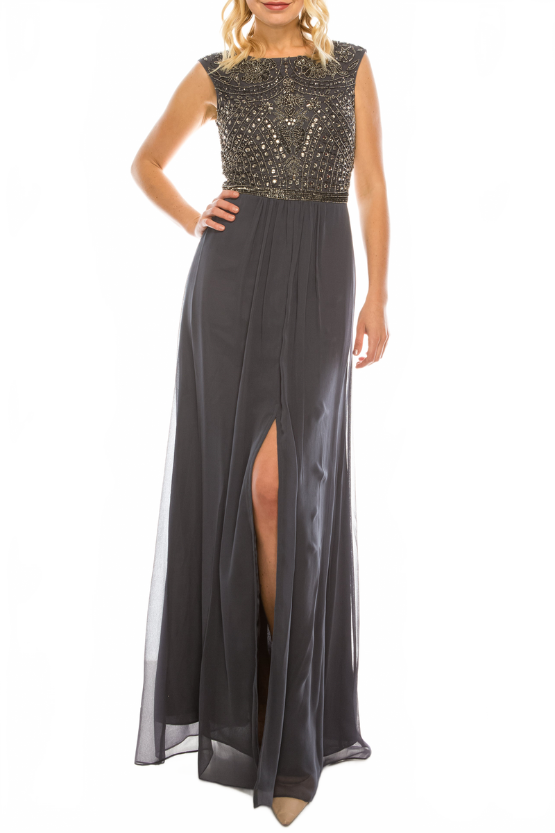 Aidan Mattox 054466960 Beaded Long A-line Evening Dress with Cap Sleeves and Boat Neckline