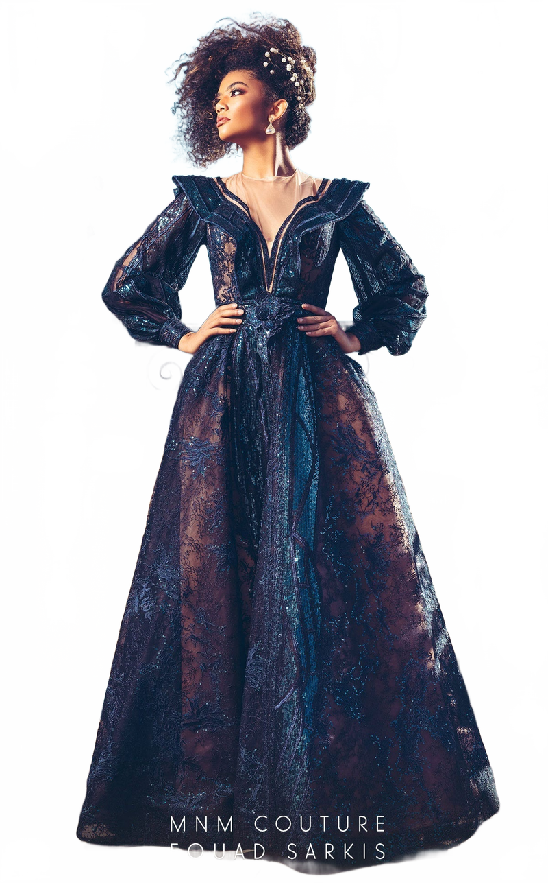 MNM Couture 2522 Navy Blue Sequin Ball Gown with Sheer Sleeves