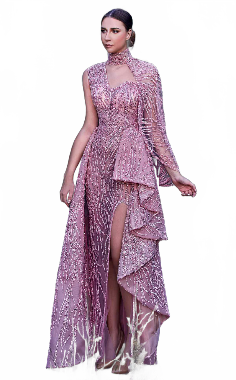 MNM Couture K3925 One-Shoulder Pink Beaded Gown