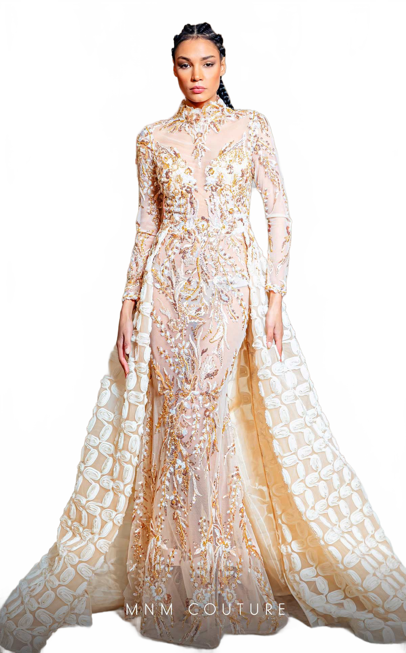 MNM Couture K4149 High-Neck Embellished Sheer Gown in Beige