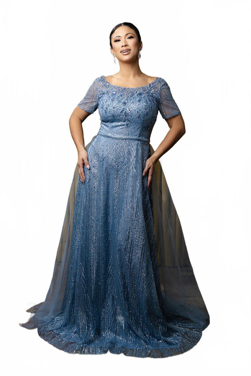 Beaded Short Sleeve A-Line Evening Gown with V-Back Mother of the Bride Dress by May Queen MQ2185