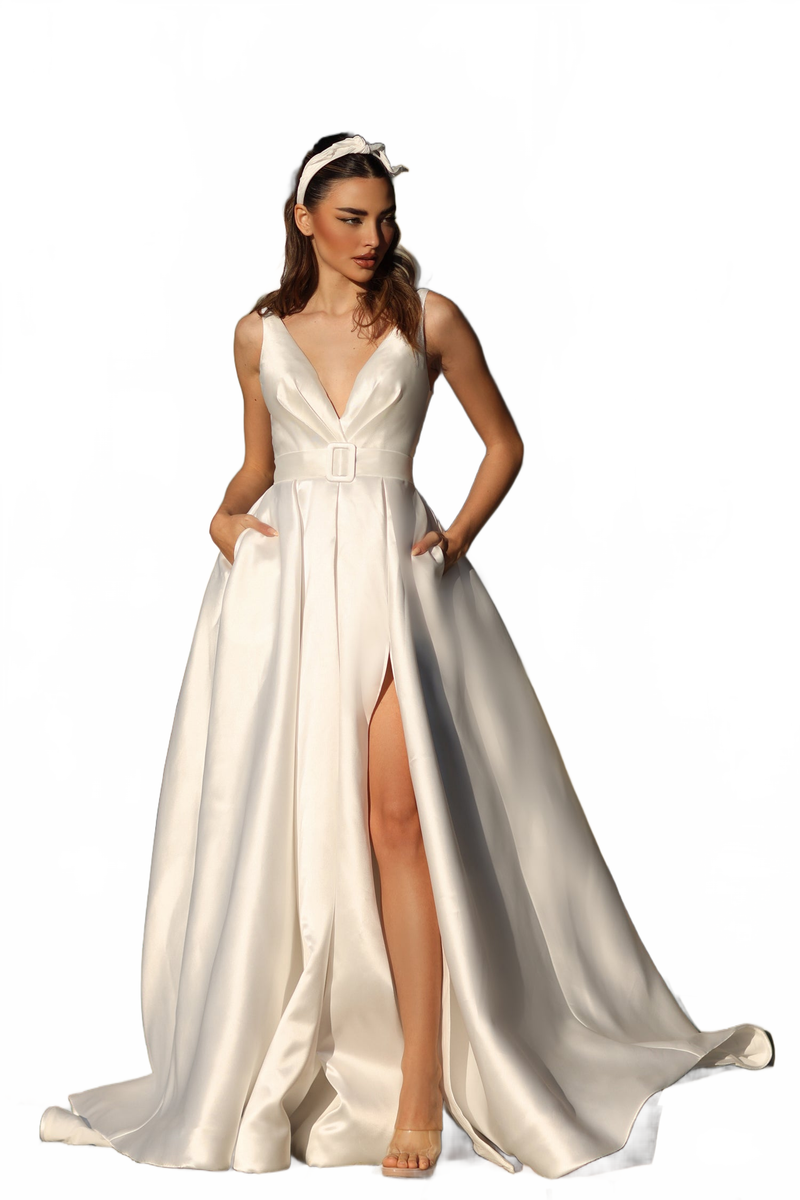 Tina Holly BB209W Wedding A-Line High Slit Pockets Flowy Mikado Dress