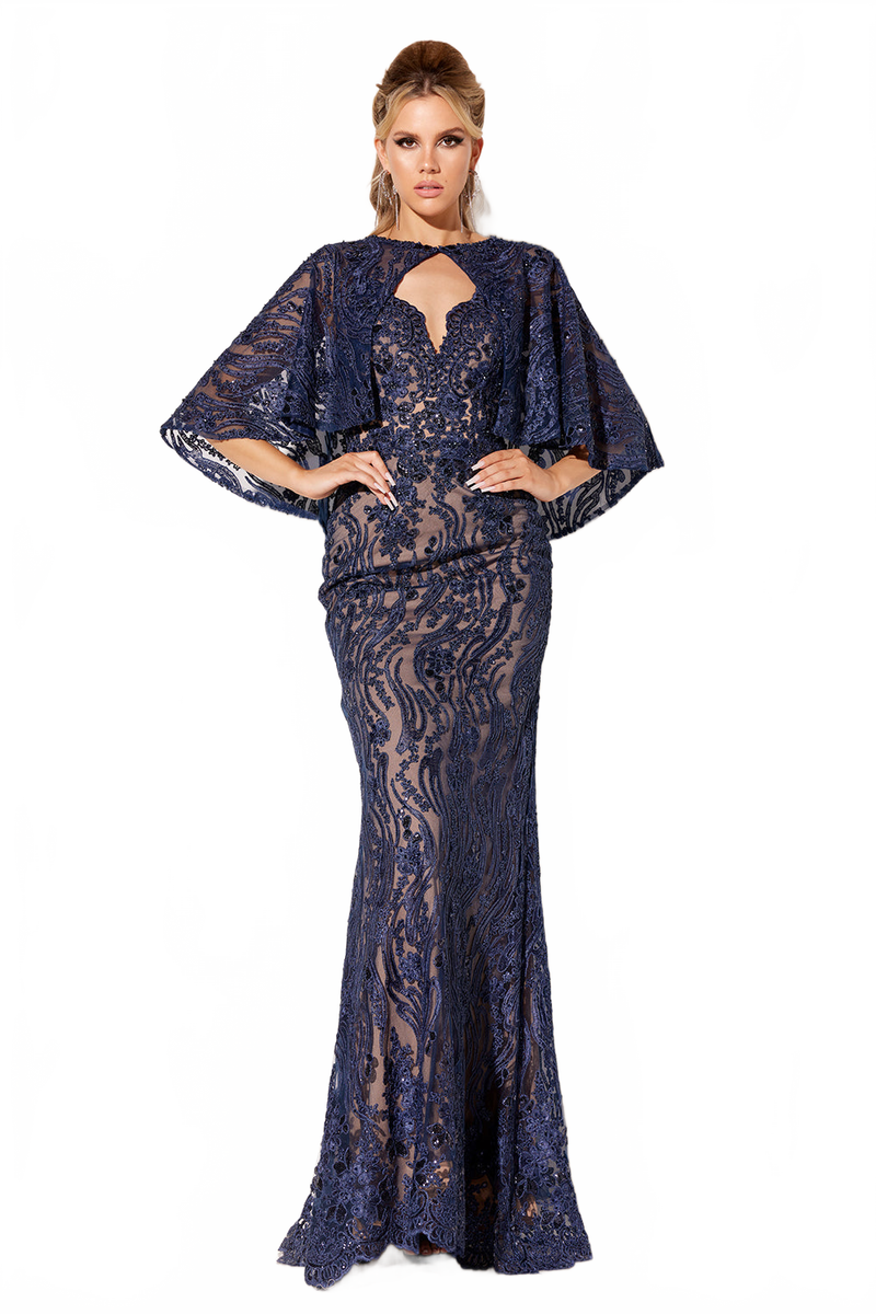 Lace Fitted 2-Piece Cape Gown by Lucci Lu C8086