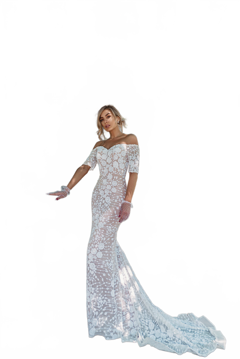 Tina Holly BB009 Wedding Mermaid Off-Shoulder Beaded Flowy Sequin Dress