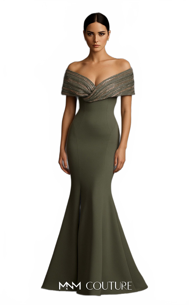 Sequin Embellished Off-Shoulder Gown in Mint by MNM Couture