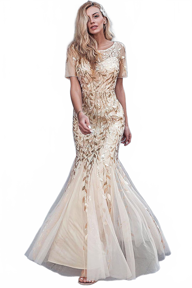 Embroidered Short Sleeve Mother of the Bride Gown & Plus Size Dress
