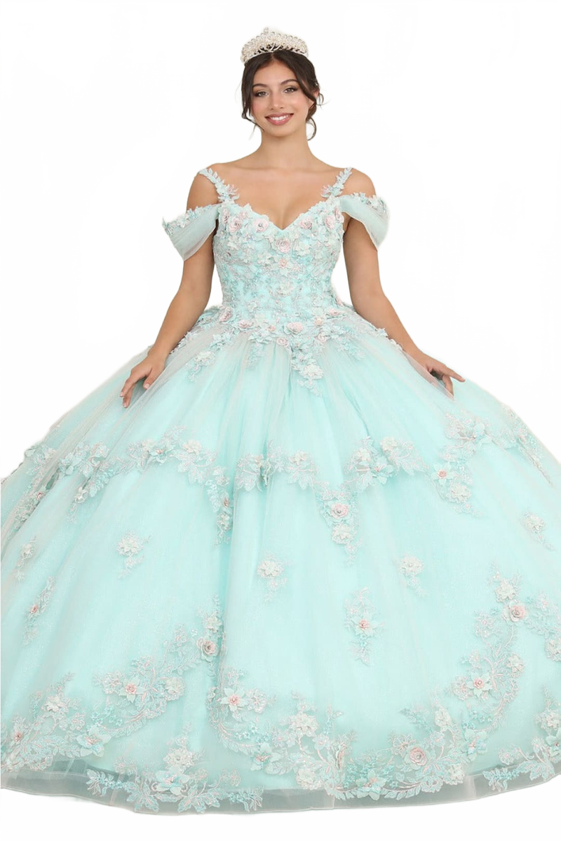 Layla K LK258 V-neck Mint Floral Masquerade Ball Gown