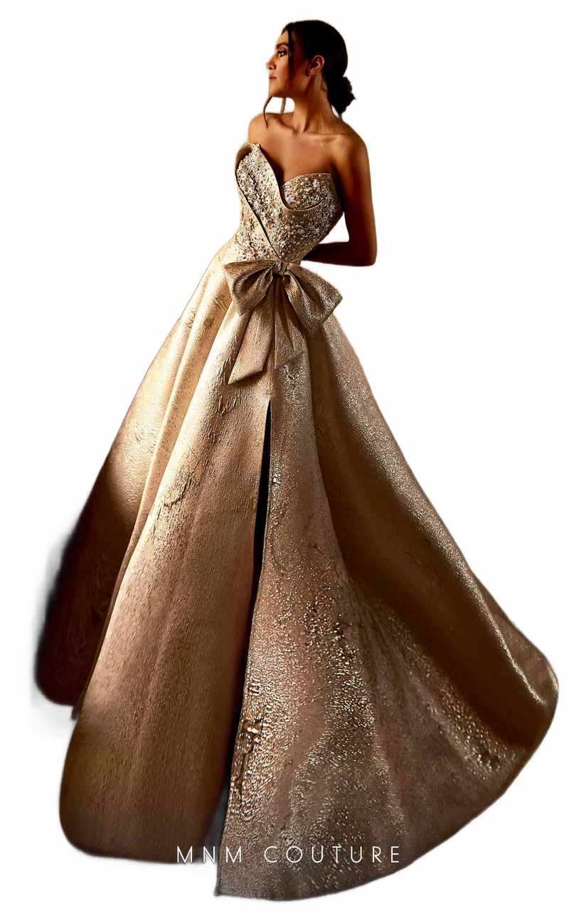 Strapless Blush Brocade Gown with Side Slit by MNM Couture