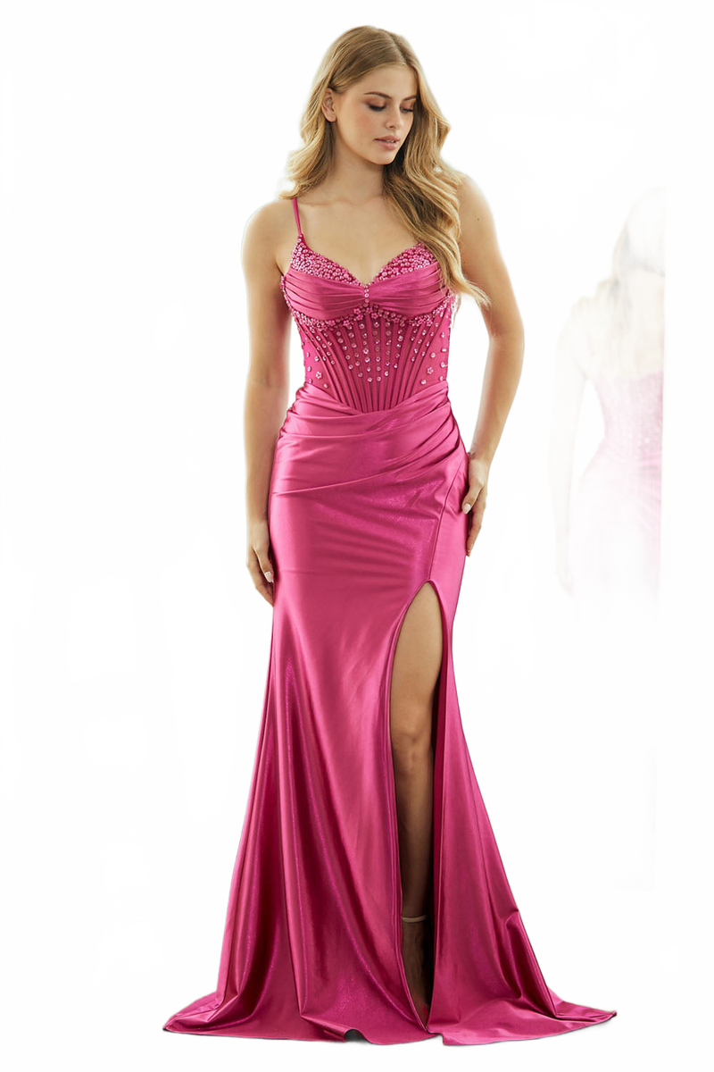 Satin Beaded Corset Evening Gown with Sheer Bodice, Sweetheart Neckline & High Slit By Amelia Couture 9067
