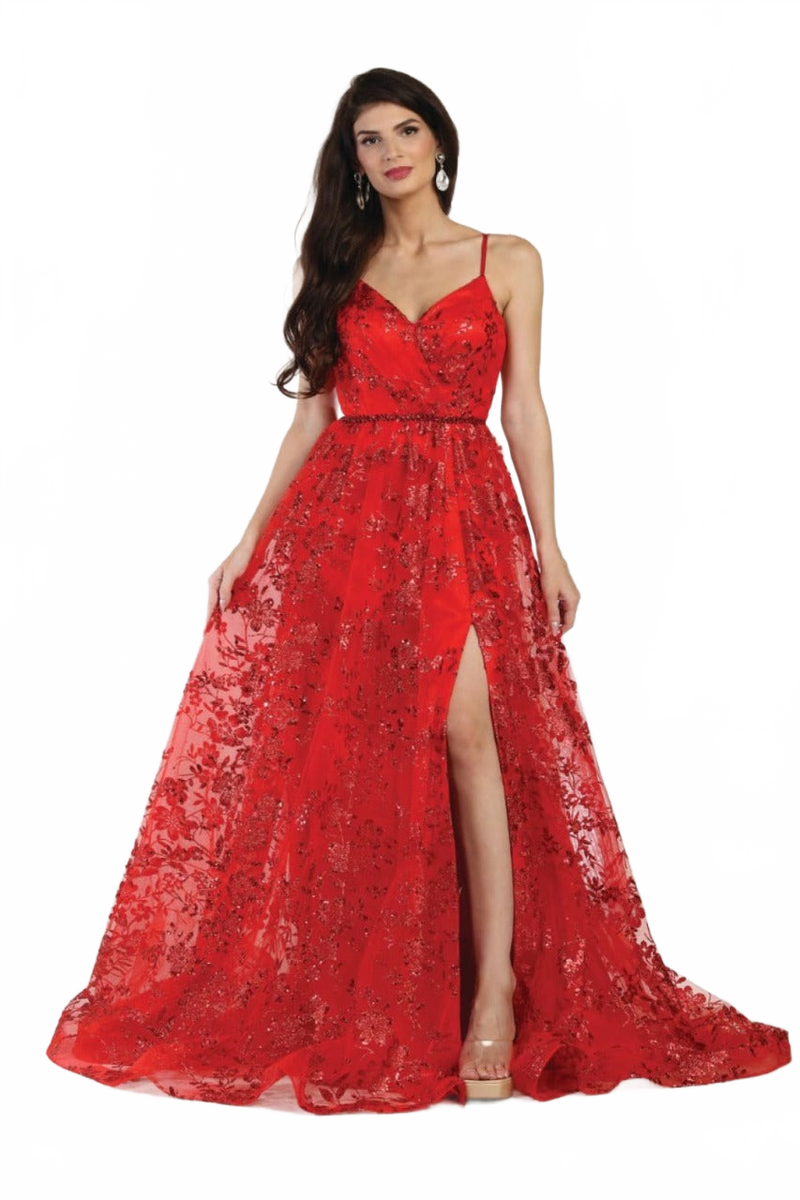 May Queen MQ1787 Glitter V Neck Long Stunning Red Carpet Formal Gown