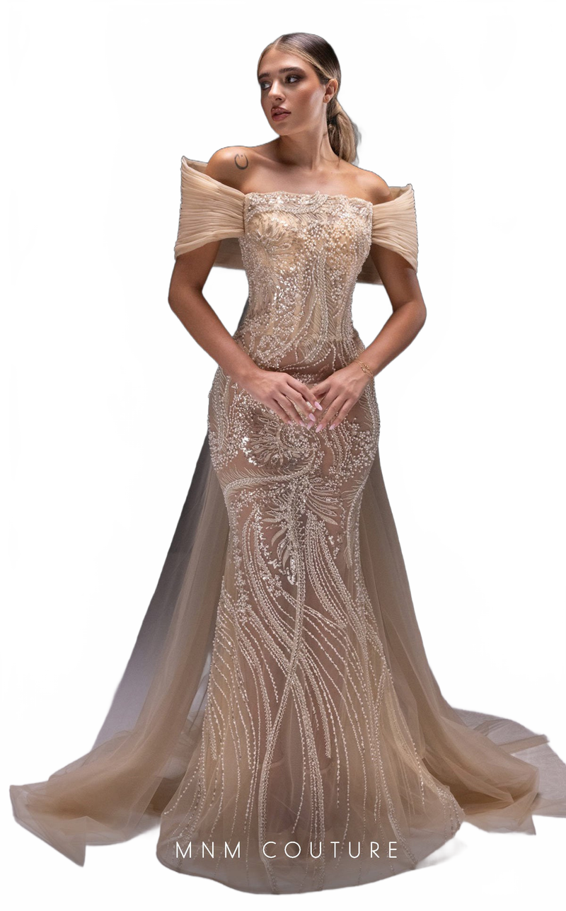MNM Couture K4246 Off-Shoulder Beige Evening Gown