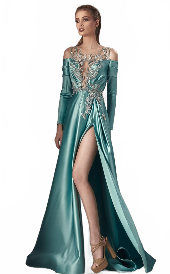 MNM Couture K3886 Aqua Illusion Bateau Gown with Slit