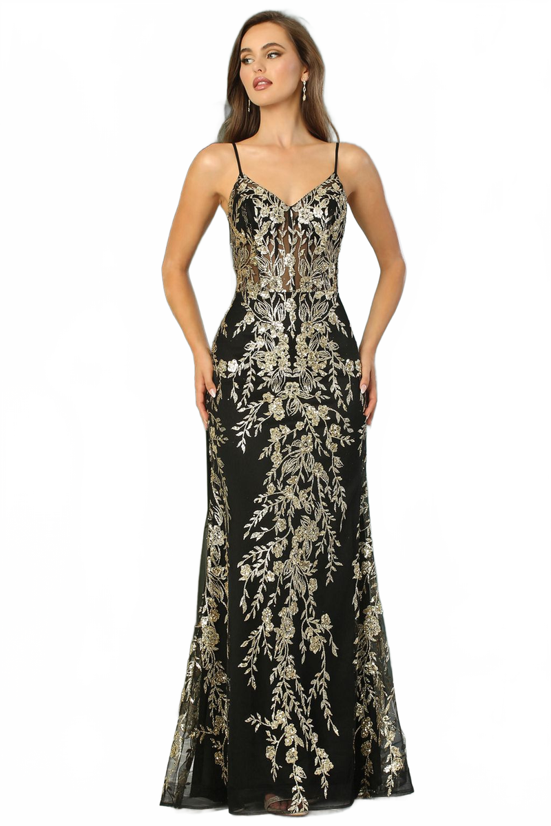 Adora Design 3158 Fitted Glitter Applique Corset Long Prom Dress