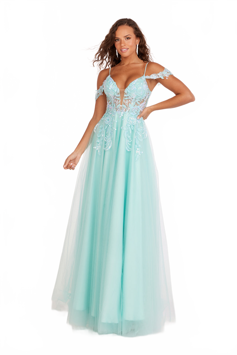 Abby Paris 90242 Applique Cold Shoulder Tulle A-Line Gown