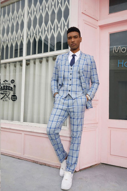 "Mens Stacy Adams Suit - Stacy Adams Suit Men's Vested Peak Lapel Plaid Suit - Blue Windowpane"