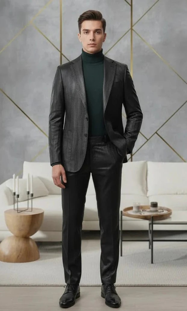 Men's slim fit suit in black. Two-piece design with one-button closure and notch lapels. Textured material for visual appeal. Tailored fit for a streamlined silhouette.