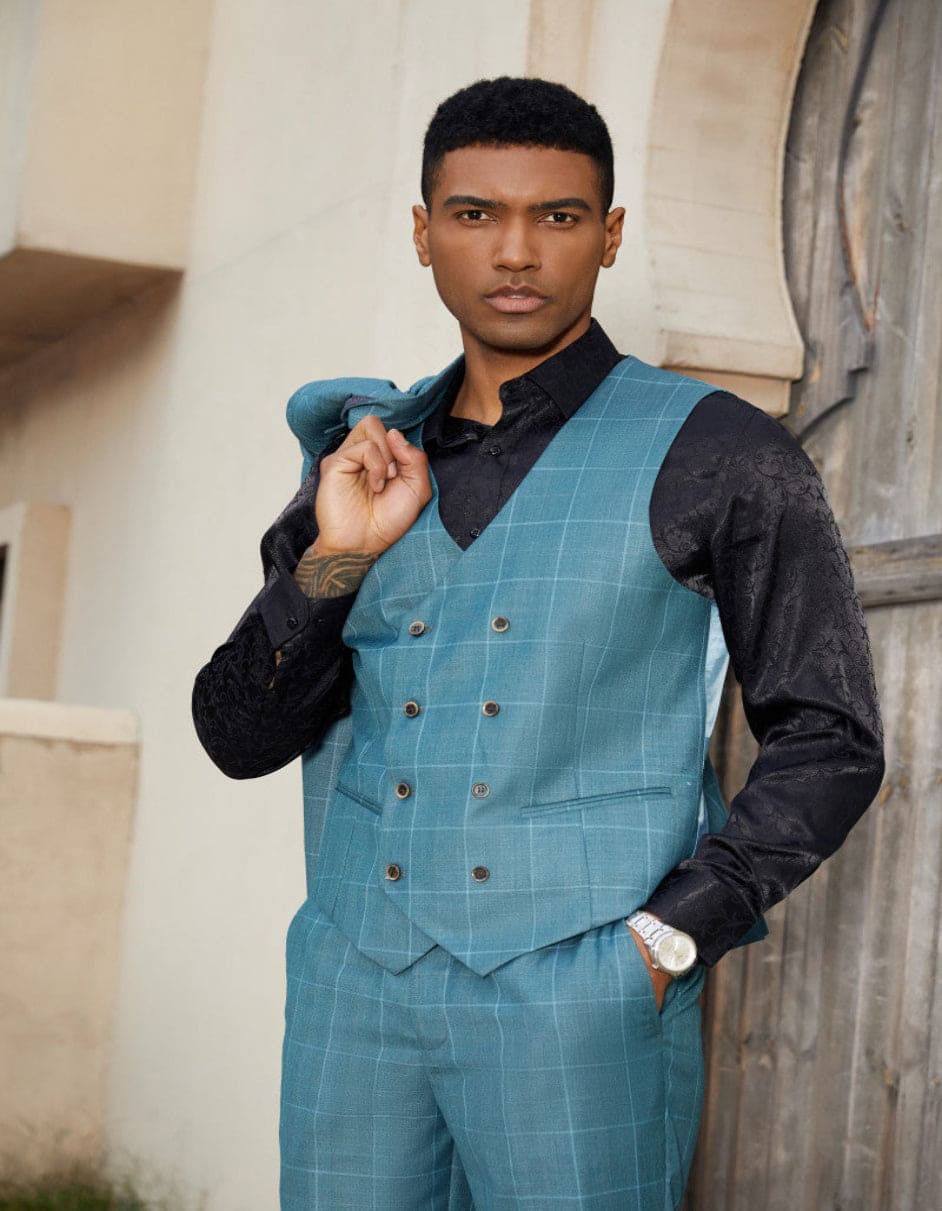 "Mens Stacy Adams Suit - Stacy Adams Suit Men's Teal Windowpane Suit - One Button Peak Lapel with Double Breasted Vest" Teal and Turquoise Prom Suits