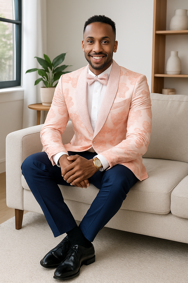 Mens Paisley Jeweled Shawl Prom 2026 Tuxedo in Blush Pink