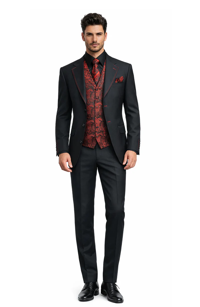 Paisley Suits - Wedding Tuxedo - Groom Red ~ Black Suit + Matching Bowtie