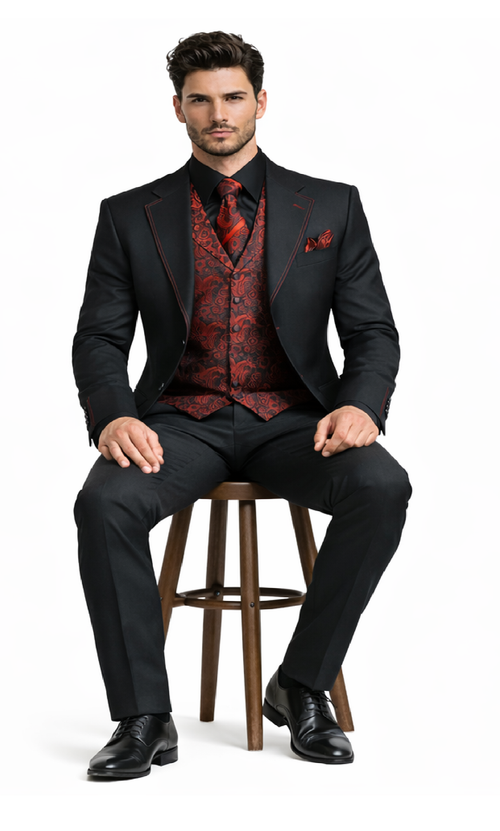 Paisley Suits - Wedding Tuxedo - Groom Red ~ Black Suit + Matching Bowtie