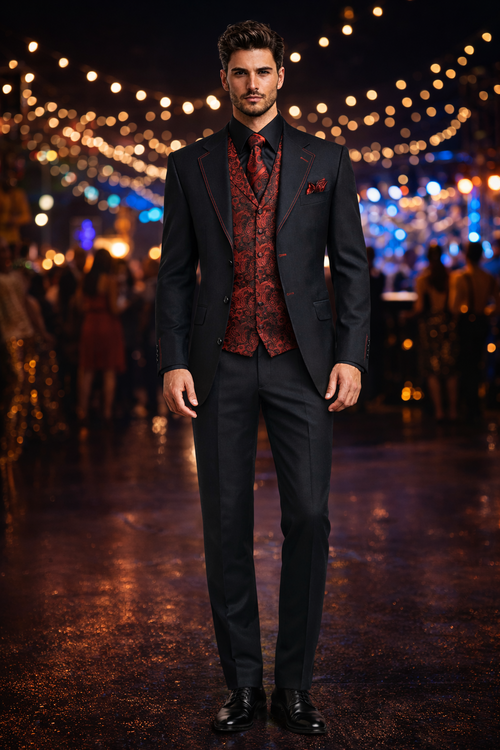 Paisley Suits - Wedding Tuxedo - Groom Red ~ Black Suit + Matching Bowtie