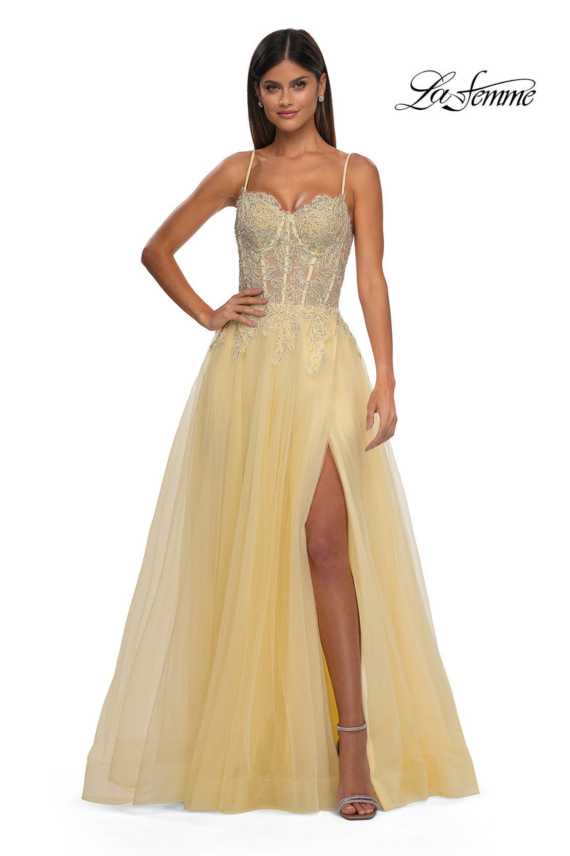 La Femme 32646 Lace Applique Sleeveless Prom Gown