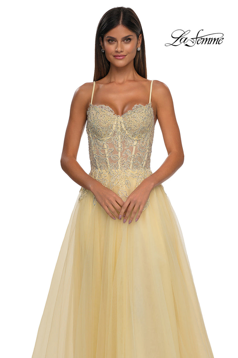 La Femme 32646 Lace Applique Sleeveless Prom Gown